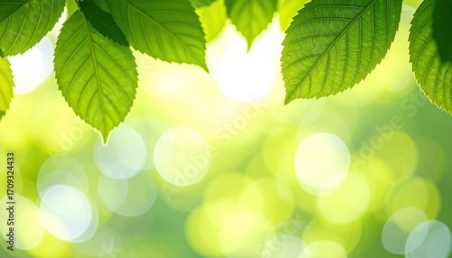 Fresh, vibrant green leaves in sunlight with blurred background, conveying a sense of natural growth and serene nature scene