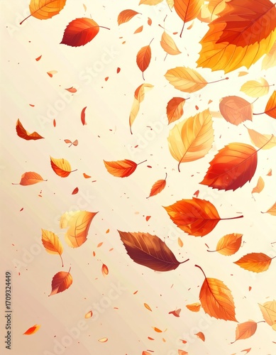 Digital artwork showcasing numerous orange, yellow, and brown autumn leaves falling against a soft gradient background