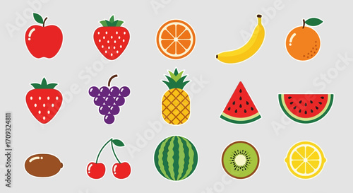 Flat lay of colorful fruit icons: apple, strawberry, orange, banana, grape, pineapple, watermelon, kiwi, cherry, lemon; bright, vibrant style against a grey background.