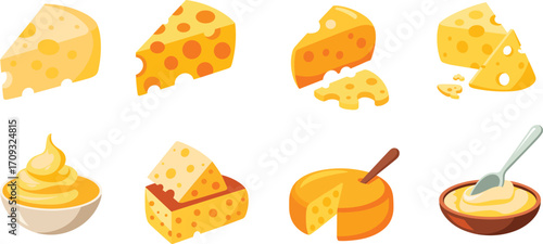 Delicious Assorted Cheese Collection, Various Types of Cheese and Cheese Sauces, Dairy Food Icons for Cooking and Culinary Design