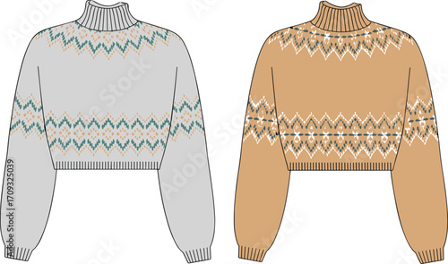 Cozy knit sweater flat sketch with patterned yoke, long balloon sleeves, ribbed cuffs and hem, high neck, front view fashion template.