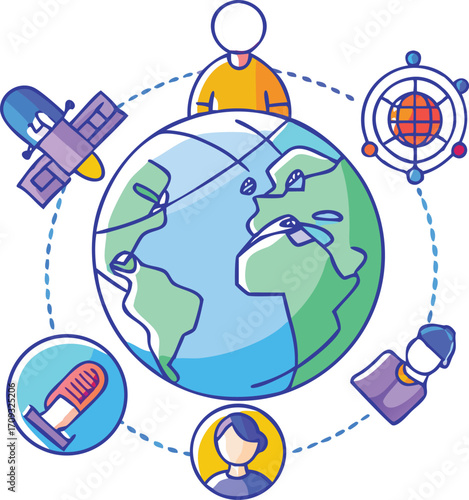 Hemisphere outline globe with satellites and remote workers, colourful sketch, with white background.