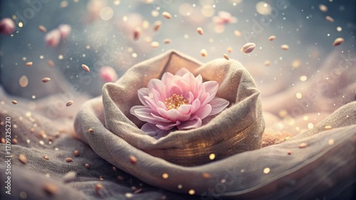 A Delicate Pink Blossom Nestled in Soft Fabric, Surrounded by Falling Petals and Shimmering Lights