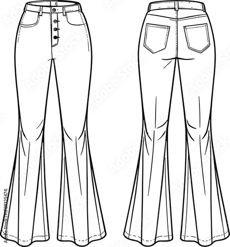 Flared jeans flat sketch with high waist, button fly, front and back pockets, casual denim pants fashion technical drawing template.