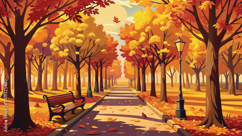 Vector art of a tranquil autumn day in the park with a bench and street lamp along the path with falling leaves and trees