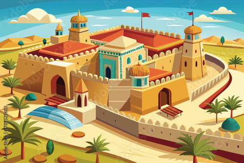 Vector art of cartoon illustration of a large desert fortress with towers, walls, and palm trees under a blue sky, vector