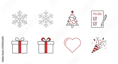 Flat lay of red and gray Christmas icons including snowflakes, gifts, a Christmas tree, and a to-do list against a white background, conveying a festive and organized