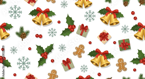 Christmas seamless pattern with gold bells, gift boxes, gingerbread men, holly, and snowflakes on a white background, flat lay style, festive red and green color palette.