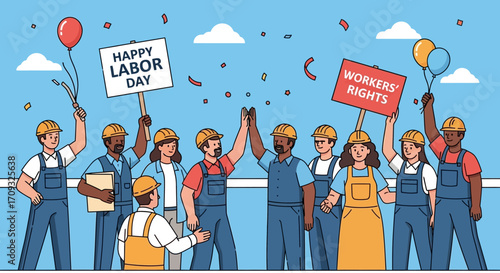 Diverse group of construction workers celebrating Labor Day, giving high fives, holding signs, illustrated style with a cheerful, vibrant color palette against a clear