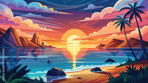 Vector art of pixel art illustration of a tropical beach sunset with palm trees and mountains, vector illustration