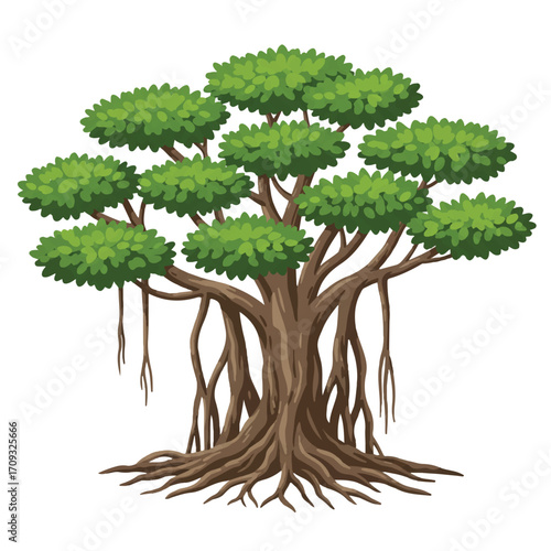 A detailed banyan tree featuring a thick, robust trunk is presented as a clean flat 2D vector illustration on a plain white background, emphasizing its natural grandeur.