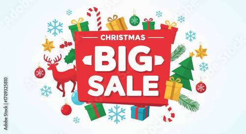 Flat lay Christmas Big Sale banner design with festive gifts, ornaments, and a red color scheme against a white background.