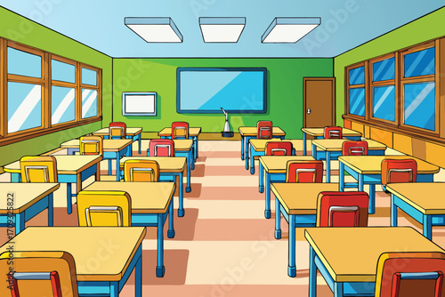 Vector art of a bright and cheerful illustration of a classroom with desks and chairs, ready for students to learn and grow