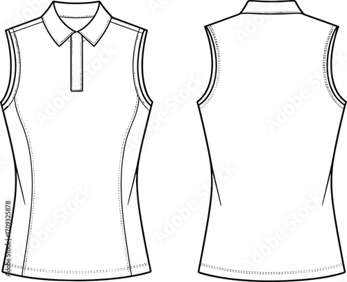 Women’s sleeveless polo top flat sketch, fitted athletic shirt design, front and back technical drawing, fashion apparel template.