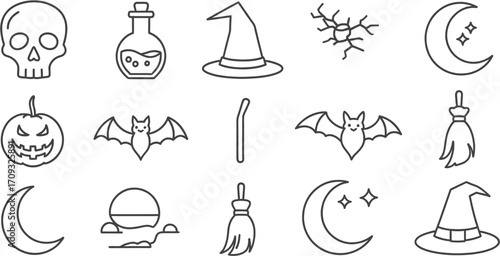 Flat lay of Halloween icons: skull, potion bottle, witch hat, cracked ground, crescent moon, pumpkin, bats, wand, broom; simple line art style, monochrome aesthetic
