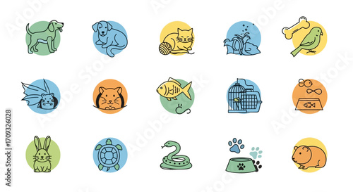 Flat lay illustration of various cute pets: dog, cat, fish, bird, rabbit, hamster, turtle, snake,  in pastel colors against a white background.