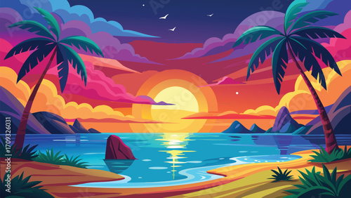 Vector art of pixel art tropical beach sunset with palm trees, mountains, and colorful clouds in a vibrant, retro style landscape
