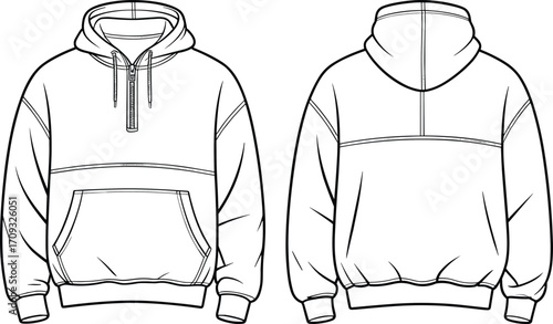 Unisex half-zip hoodie fashion flat sketch, kangaroo pocket sweatshirt design, front and back technical drawing, casual wear template.