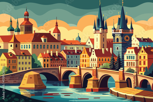 Vector art of a picturesque view of prague featuring the iconic charles bridge and historic buildings under a vibrant sky