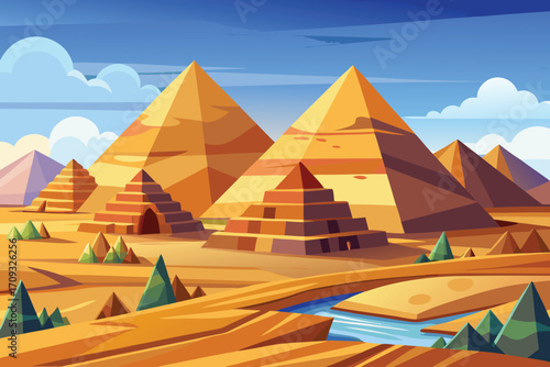 Vector art of pixel art illustration of the pyramids of giza in egypt with a river and desert landscape