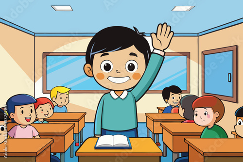 Vector art of enthusiastic student raising his hand in a classroom full of students ready to answer the teachers question