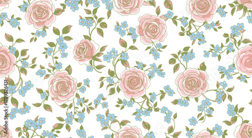 Pastel pink roses and blue forget-me-nots floral pattern, seamless repeat design, flat lay illustration against white background, vintage style.