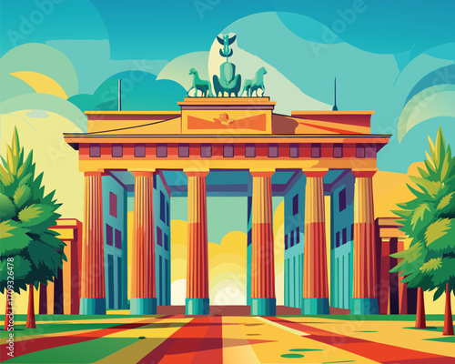 Vector art of the brandenburg gate in berlin, germany, a neoclassical monument and iconic landmark, under a bright sky with trees