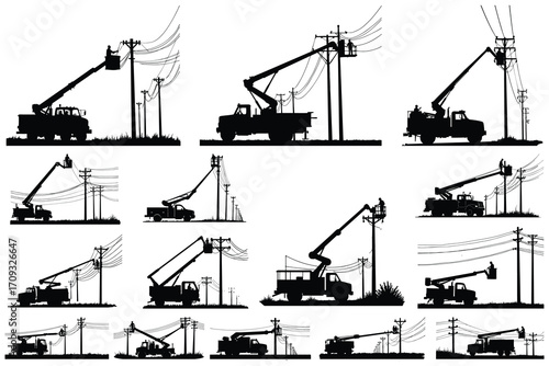 Silhouettes of utility trucks and workers on power lines