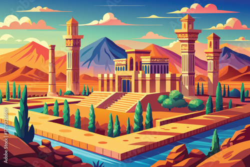 Vector art of pixel art illustration of the ancient city of persepolis in iran with mountains and a blue sky background