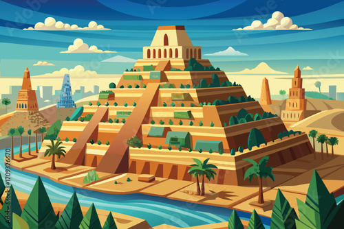 Vector art of pixel art illustration of the ziggurat of ur in iraq with a river and palm trees in a desert landscape