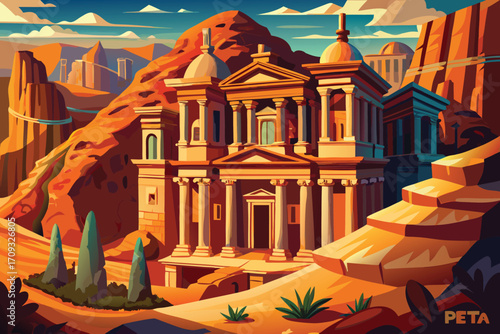 Vector art of pixel art illustration of the monastery in petra, jordan, with mountains and desert landscape in the background