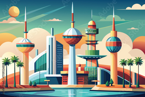 Vector art of pixel art illustration of kuwait city skyline with towers, buildings, and palm trees on the waterfront