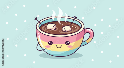 Cute cartoon mug of hot chocolate with marshmallows, flat lay style, pastel color palette, against a light blue background with snowflakes.