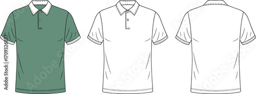 Men’s short sleeve polo shirt flat sketch, contrast collar and placket, front and back technical drawing, fashion design template.