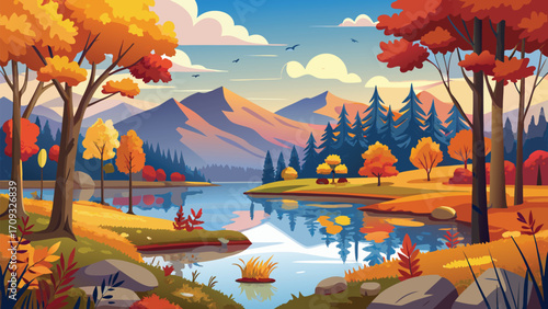 Vector art of vibrant autumn scenery with a calm lake mirroring colorful trees and majestic mountains beneath a partly cloudy sky