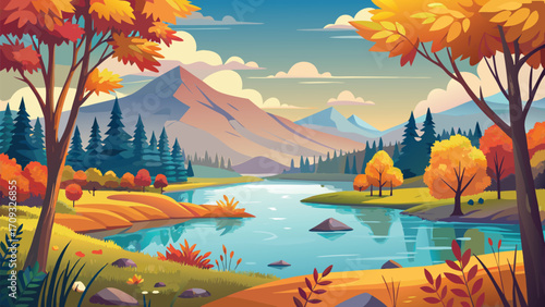 Vector art of scenic autumn landscape with a tranquil lake reflecting colorful trees and distant mountains under a cloudy sky