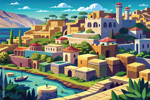 Vector art of picturesque coastal town with traditional architecture and a serene river flowing through it, a charming scene