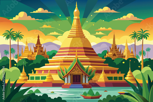 Vector art of pixel art of a golden pagoda with surrounding temples and lush greenery under a colorful sky with clouds
