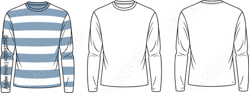 Men's striped long sleeve t-shirt flat sketch, crew neck casual top design, front and back technical drawing, apparel template.