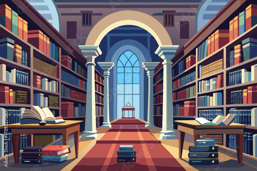 Vector art of a pixel art depiction of a grand library interior, showcasing towering bookshelves and a serene atmosphere