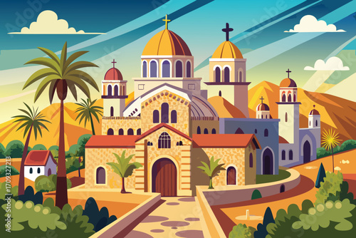 Vector art of a vibrant illustration of a middle eastern church, capturing its unique architecture and desert surroundings