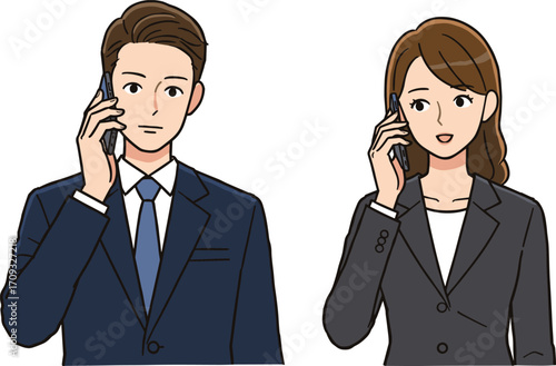Business call illustration, professional communication vector, corporate phone conversation, office interaction scene, formal attire design, workplace talk concept
