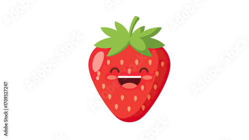 A cheerful cartoon strawberry with a green leafy top, smiling widely, and showing seeds.