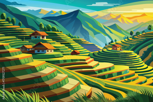 Vector art of a picturesque illustration of rice terraces cascading down hillsides in rural vietnam, showcasing the beauty of nature