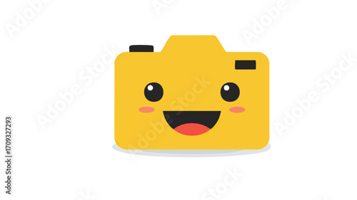 A cute, cartoonish yellow camera with a happy face, featuring rosy cheeks and a wide smile.