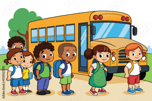 Vector art of cartoon illustration of children waiting for the school bus illustration
