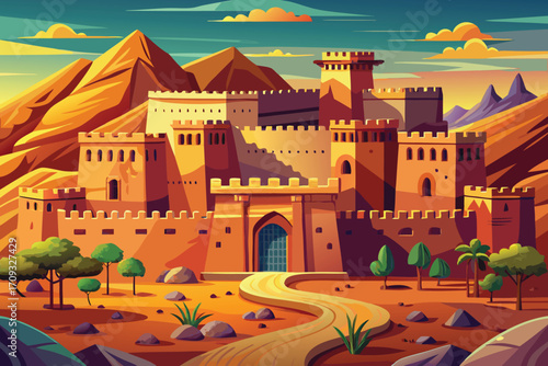 Vector art of pixel art illustration of a majestic desert castle with mountains and a winding path in the foreground