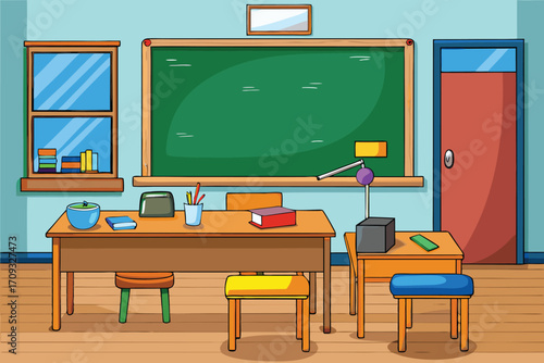 Vector art of a vibrant cartoon illustration of a classroom with desks, a blackboard, and various school supplies scattered around