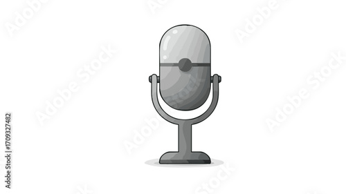 Illustration of a vintage microphone on a stand, gray scale.