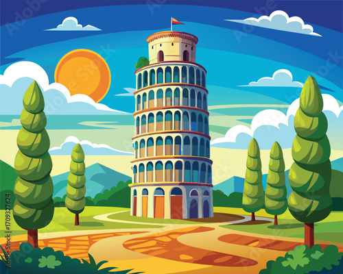 Vector art of pixel art of the leaning tower of pisa in italy, with green trees and a bright sun in the background